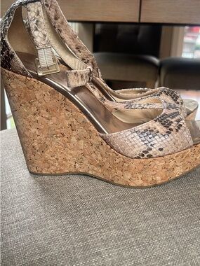Jimmy Choo Snake-Print Cork Wedge Sandals in Beige and Brown
